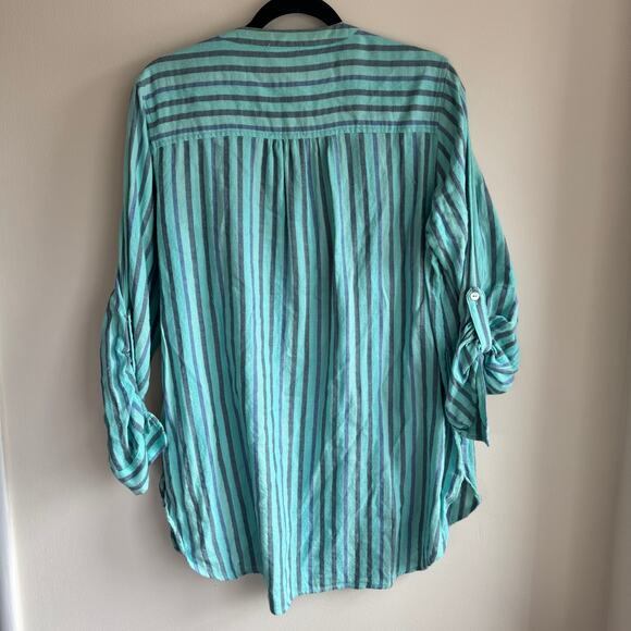 Soft Surroundings Striped Beaded Tunic Blue Shirttail Hem Roll Tab Sleeve Sz L - Picture 5 of 5